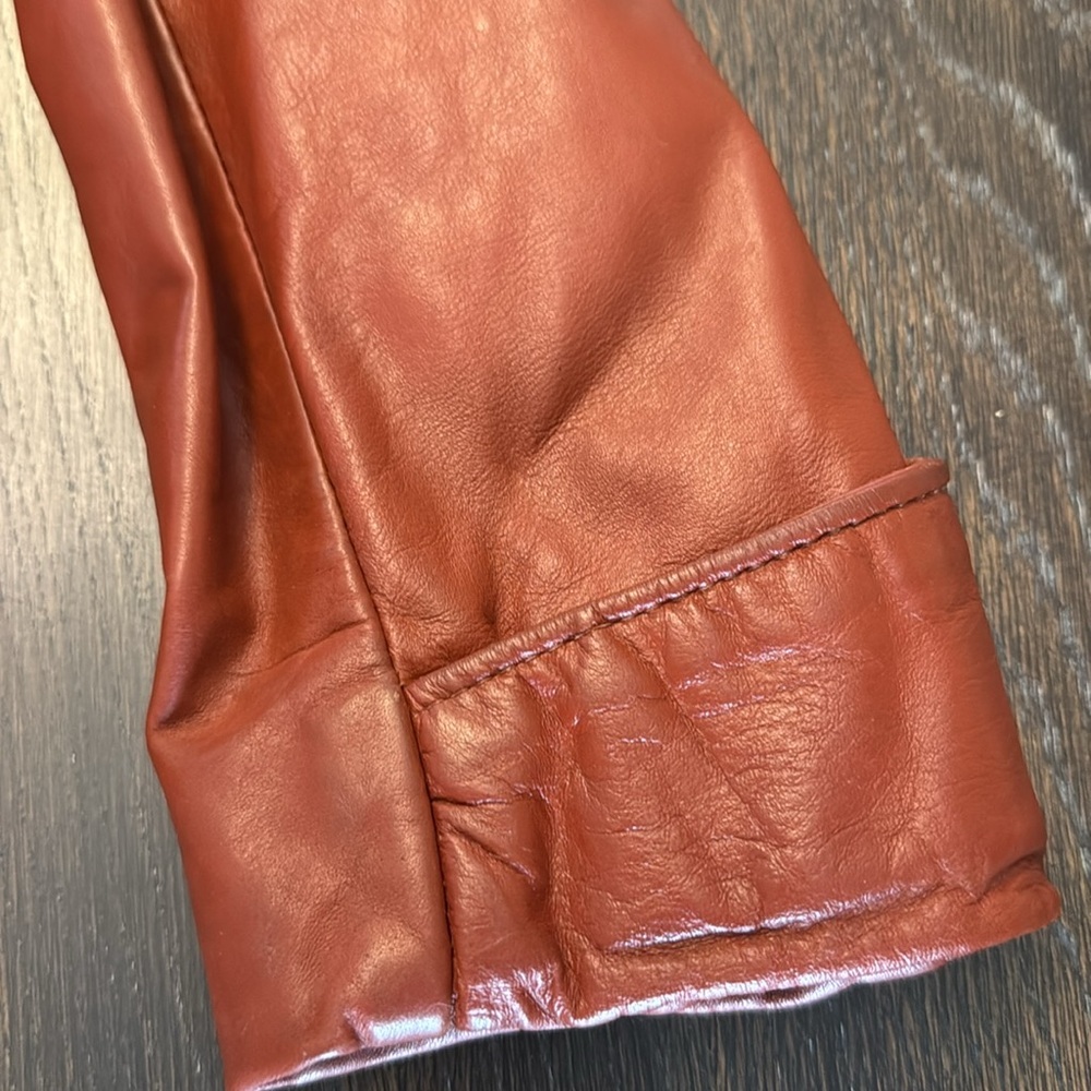 🟢 Vintage 1980s/1990s Rust Orange Belted 100% Leather Jacket - Picture 4 of 9